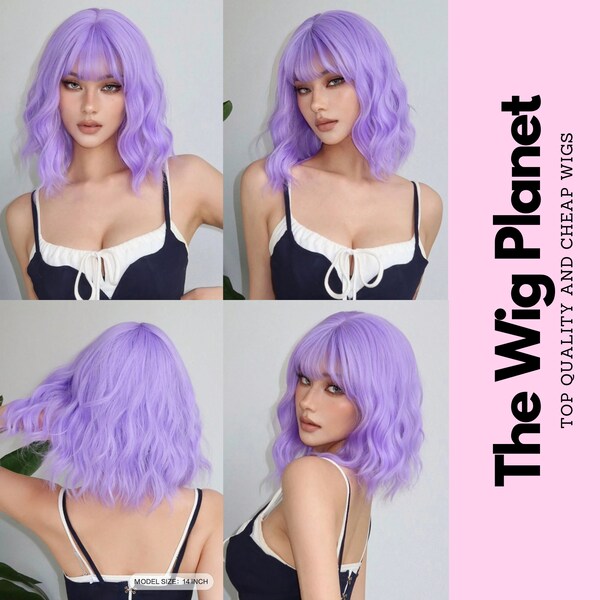 Short Synthetic Wigs Purple Blue Curly Wave Wigs, Pastel Purple Wig,  Purple Wig Hair, Short Wig, Purple Short Curly Synthetic Wig