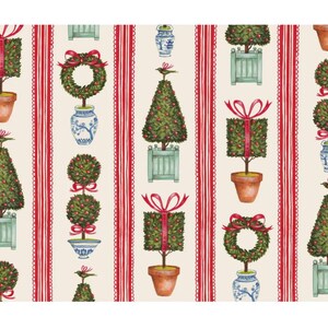 May include: A repeating pattern featuring watercolor illustrations of topiaries in various shapes, including cones, spheres, and gift boxes, adorned with red bows and berries. The design includes red and white striped vertical borders, and small birds.