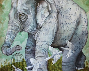 Elephant and Birds  by Elizabeth Foster art print