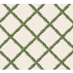 May include: A repeating pattern of green leafy vines forming a diamond grid on a cream background. The watercolor-style leaves are a deep green, creating a natural, botanical design. The pattern is suitable for wallpaper or fabric.