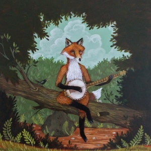 May include: An illustration of a fox playing a banjo while sitting on a tree branch. The fox has orange and white fur and is wearing black gloves and boots. A small black bird is perched nearby. The background features a forest and a cloudy sky.