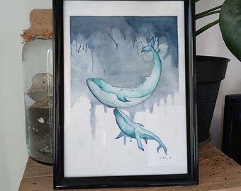 Watercolor of a whale and its calf - Original - A4 format