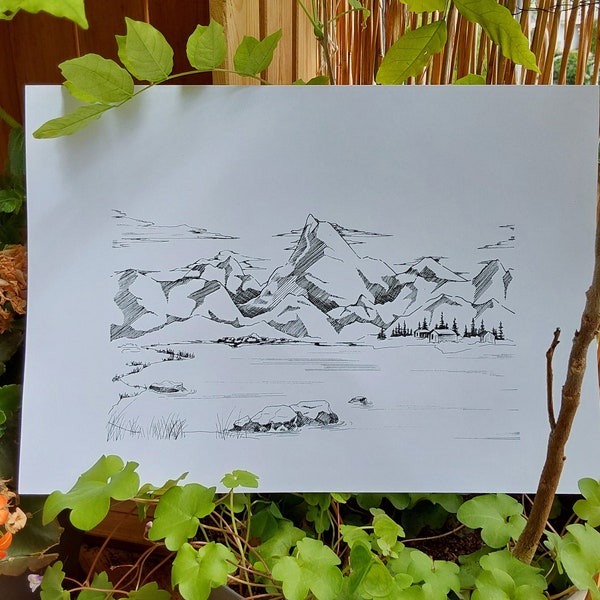 Illustration - Paysage de montagne à l'encre