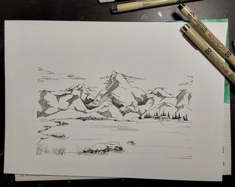 Illustration - Paysage de montagne à l'encre