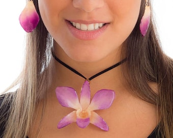 Purple-White Dendrobium Orchid Necklace and Earrings set