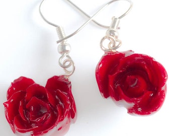 tiny red rose flower earrings covered with resin