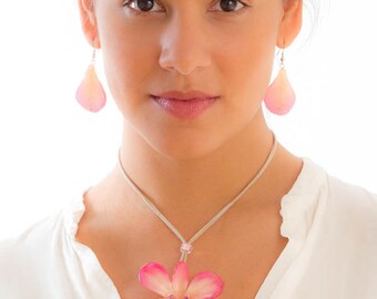 Pink-White Dendrobium Orchid Necklace and Earrings set