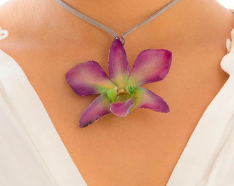 Purple-Green Dendrobium Orchid Necklace