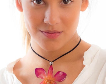 Purple-Orange Dendrobium Orchid Necklace