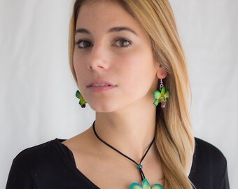 Green-Purple Orchid Necklace and Earrings set