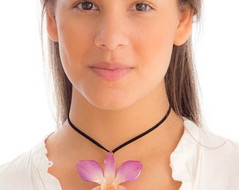 Purple-White Dendrobium Orchid Necklace