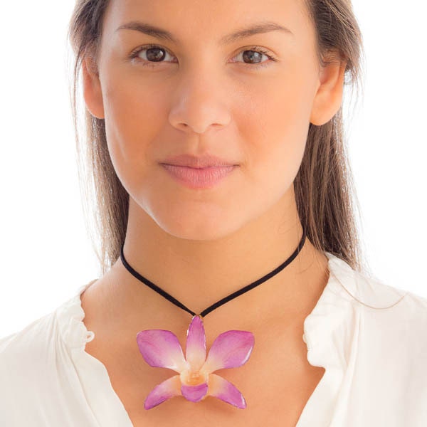 Purple-White Dendrobium Orchid Necklace