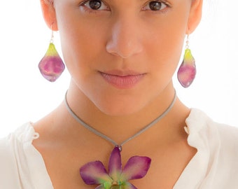 Purple-Green Dendrobium Orchid Necklace and Earrings set