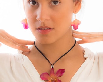 Purple-Pink Dendrobium Orchid Necklace and Earrings set