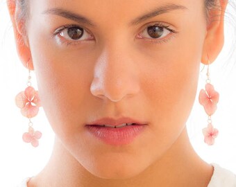 pink hydrangea real flower earrings preserved in resin