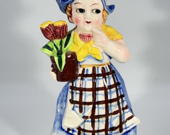 Vintage 1950s Dutch Girl Figurine - Hand Painted Japan Ceramic - 8 Inch Tulip Decor