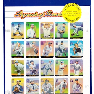 Lot de 20 tampons vintage Legends Of Baseball - 20 tampons USPS scellés sur carte USPS