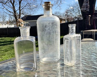 Antique 1800s Apothecary Bottles – Set of 3 Clear Glass Pharmacy Bottles Decor