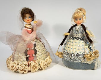 Vintage Handmade Cone Dolls – 1950s-60s Bridal, Blue Lace Sequin Figurines MCM
