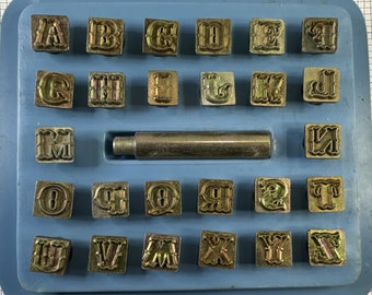 Vintage metal leather punch press 1/2" alphabet letter set of 26 pcs w/handle