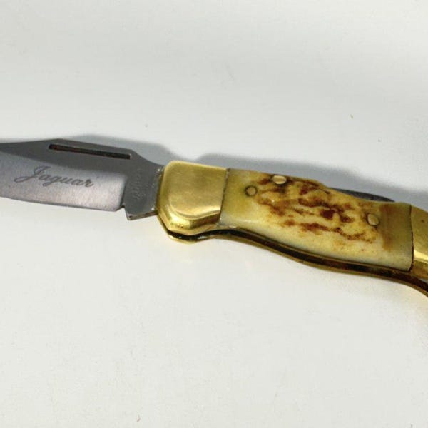 Vintage Jaguar Brass & Stag Lockback Knife | Utility Pocket Tool 1980s Era