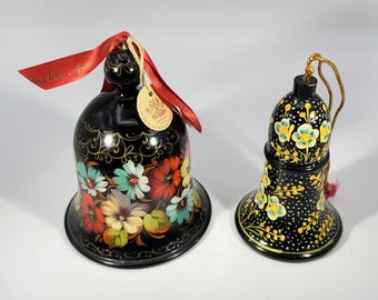 G.DeBrekht Russian Folk Art Wooden Bell Pair – Hand Painted Floral Black – Vintage