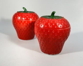 Vintage Strawberry Milk Glass Jam Jar Pair w/ Lids – Hazel Atlas Red Kitchen Candy Dish Set
