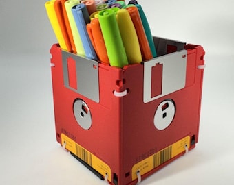 Handmade Floppy Disk Pencil Holder - Vintage 3.5" Red Cube