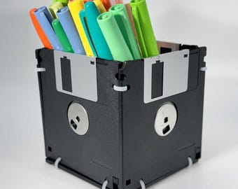 Handmade Floppy Disk Pencil Holder - Vintage 3.5" Black Cube