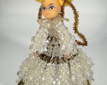 1960s Beaded Safety Pin Angel Doll Gold Tinsel Kitsch Christmas Decor Retro Folk Art