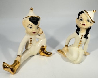 Vintage Porcelain Harlequin Couple Figurines • Mid-Century Style