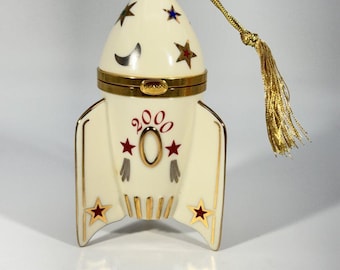 Lenox 2000 Rocket Ship Ornament Trinket Box - Y2K Porcelain Gold Trim