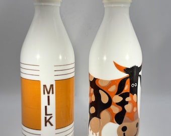 Vintage Egizia Italy Milk Glass Bottles - Happy Cow & Retro Orange