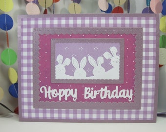 Hoppy Birthday Card - birthday bunnies - happy birthday bunny - metallic purple bunny - birthday rabbit - cute purple party rabbits