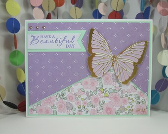 Have A Beautiful Day Card - floral purple butterfly - purple gold green - butterfly birthday - butterfly wishes - pastel purple pastel green