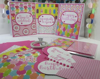 Make Your Own 3 Card Kit Party Time Pink and Cheerful Birthday Congrats Celebrate