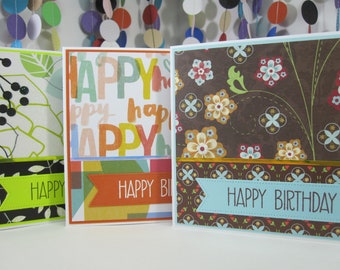 3 Card Set - Happy Birthday To You - sparkly vibrant floral birthday - happy print birthday - floral brown blue birthday - birthday variety
