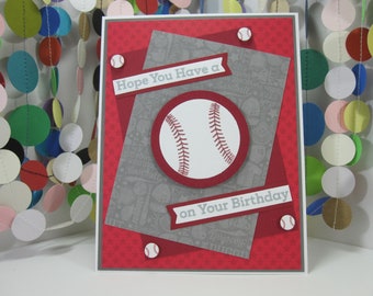 Baseball Birthday Card - hope you have a ball on your birthday - gray red baseball - little league birthday batter up slugger baseball card