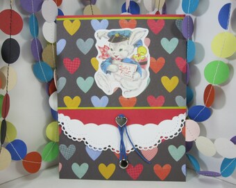 Baby's First Easter Card - adorable vintage style mail bunny - first easter bunny - vintage bunny - bold colorful easter card with hearts