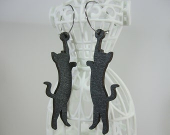 Black Cat Earrings lightweight wood cat earrings wood kitty earrings black kitty earrings playful cat earrings cat dangles black cat hoops