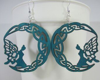 Teal Blue Fairy Earrings - lightweight wood earrings - wood celtic circle earrings - celtic fair earrings - fairy dangles - teal earrings