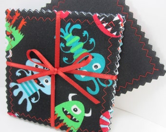 Monster Coasters - Set of 4 - black coasters - cute monster fabric coasters - black red blue green yellow - double sided cotton coasters