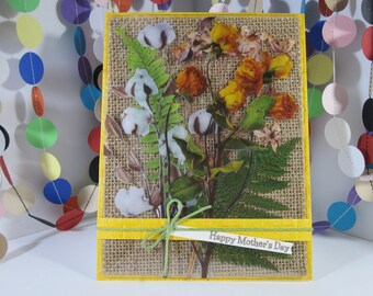 Mother's Day Flowers Card - happy mothers day - yellow roses - mother's day bouquet - earthy card for mom - burlap flowers yellow sparkle