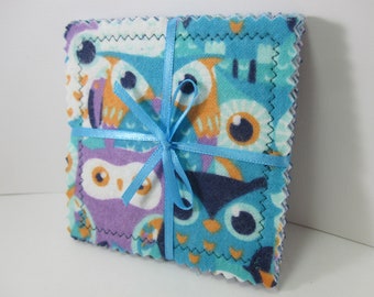 Owl Coasters - Set of 4 -  watercolor coasters - blue orange white purple aqua - double sided flannel cotton coasters