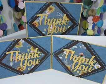 Set of Three Sunflower Thank You Cards Gold Thank You Blue Thank You for Her Thanks Mom Thank You Wife Thanks Sister Thank You Grandma