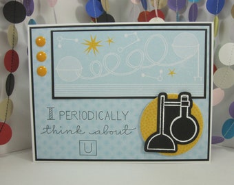 I periodically think about u - science card - thinking of you - yellow blue black white - card with round bottom flask