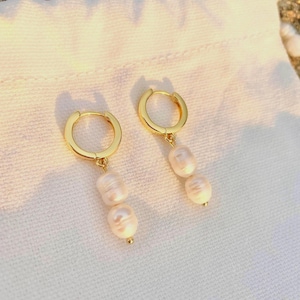 May include: A pair of gold hoop earrings with two white pearl drops hanging from each hoop.