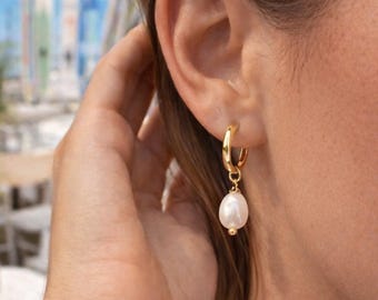 La Perla Freshwater pearl hoop earrings / 18k gold filled hoops / real pearl