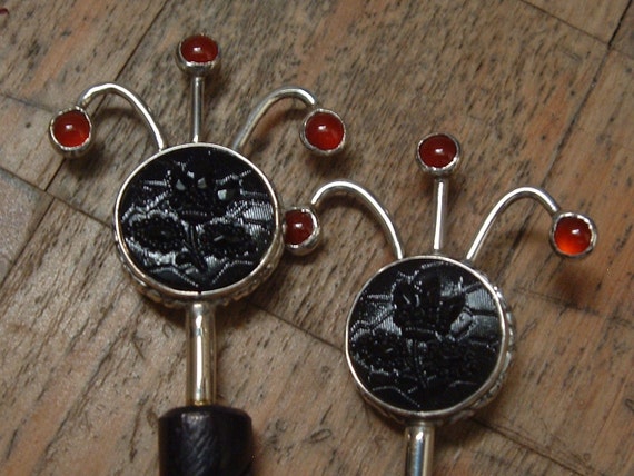 Carnelian & Sterling Silver Hair Sticks With Vintage Jet 