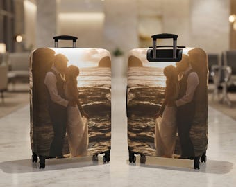 Custom Photo Luggage Cover, Personalized Suitcase Cover, Travel Gift, Honeymoon Gift for Couple, Custom Picture Luggage Protector